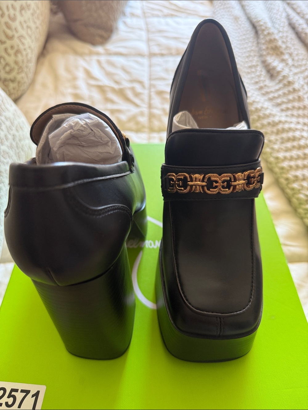Sam Edelman Black Leather Platform Loafers with Gold Chain Accent